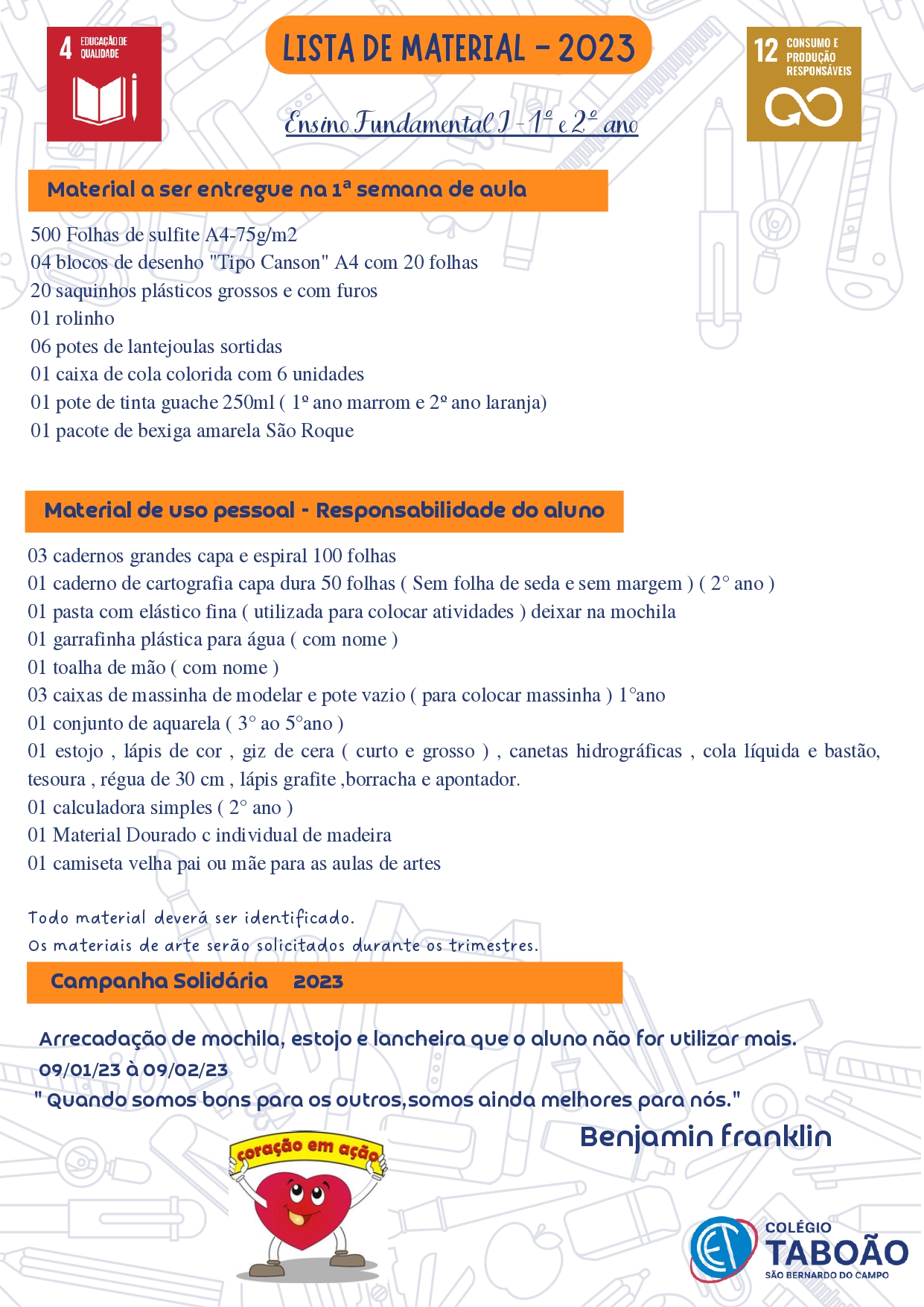 Lista de material 1º e 2ºano 2023